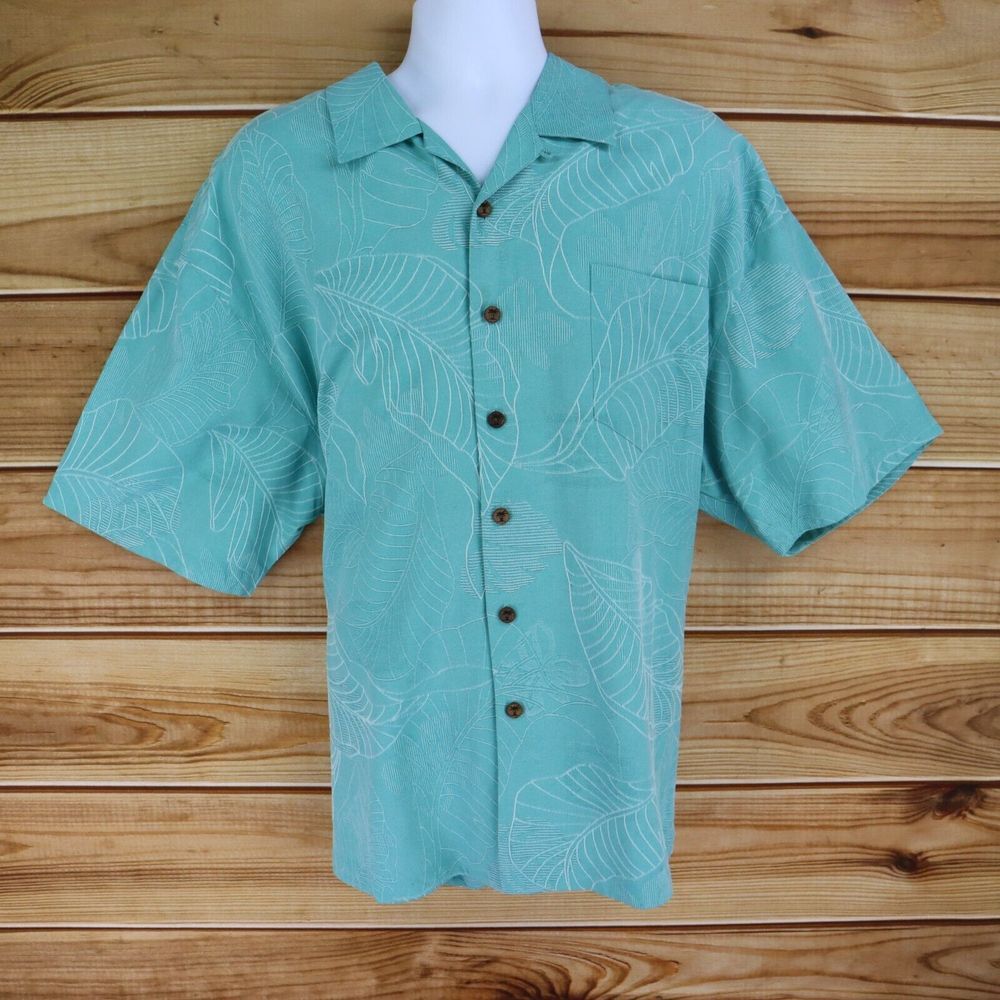 Jamaica Jaxx Casual Button Up Shirt 100% Silk Mens XXL Blue Leaves Short Sleeves